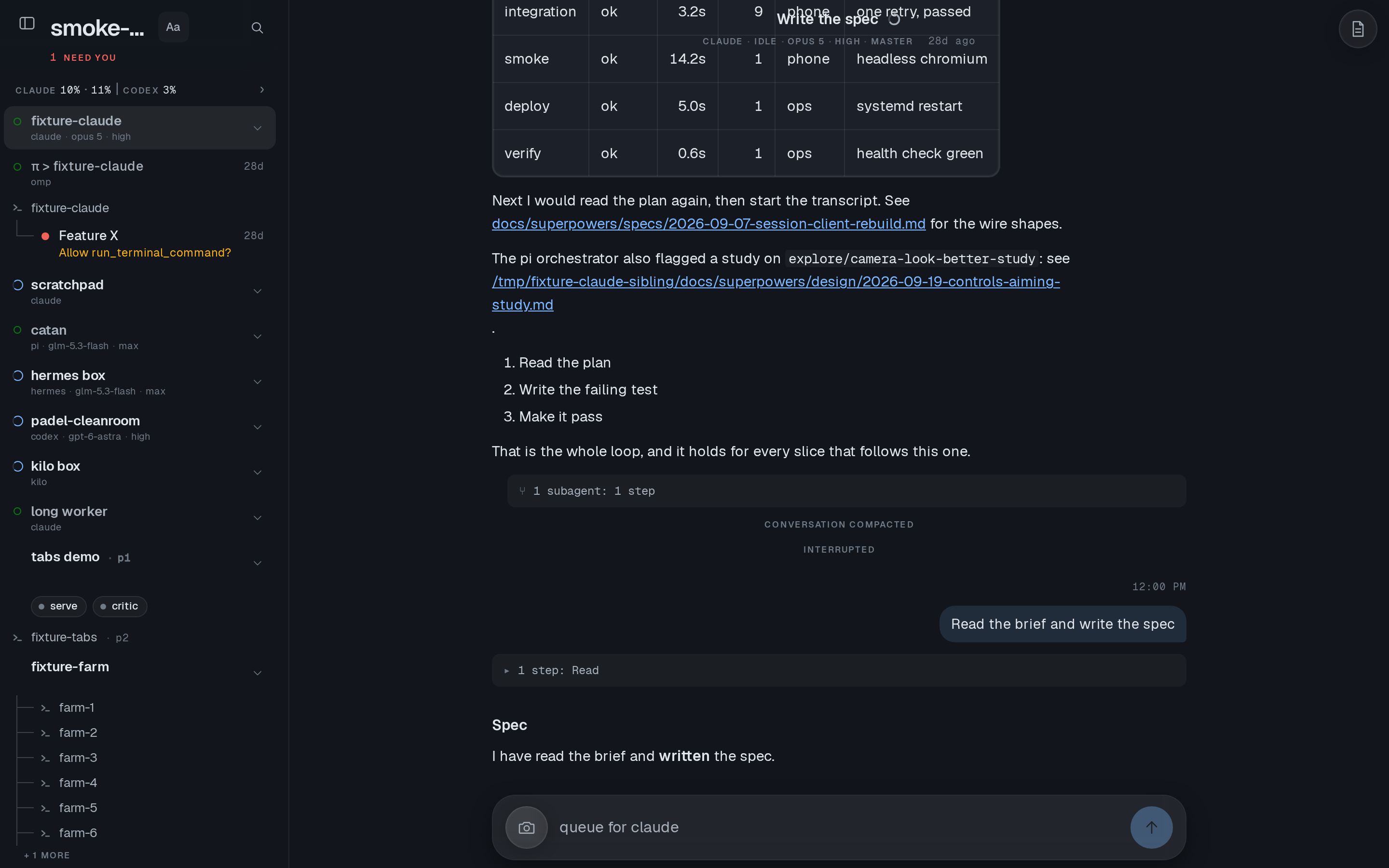 A session, mid-transcript, from the agent's own record.
